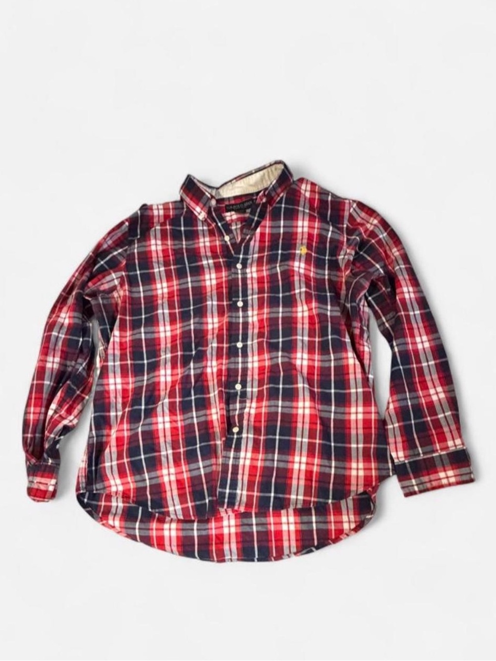 Men’s Red, White, and Blue Plaid Button-Down Shirt